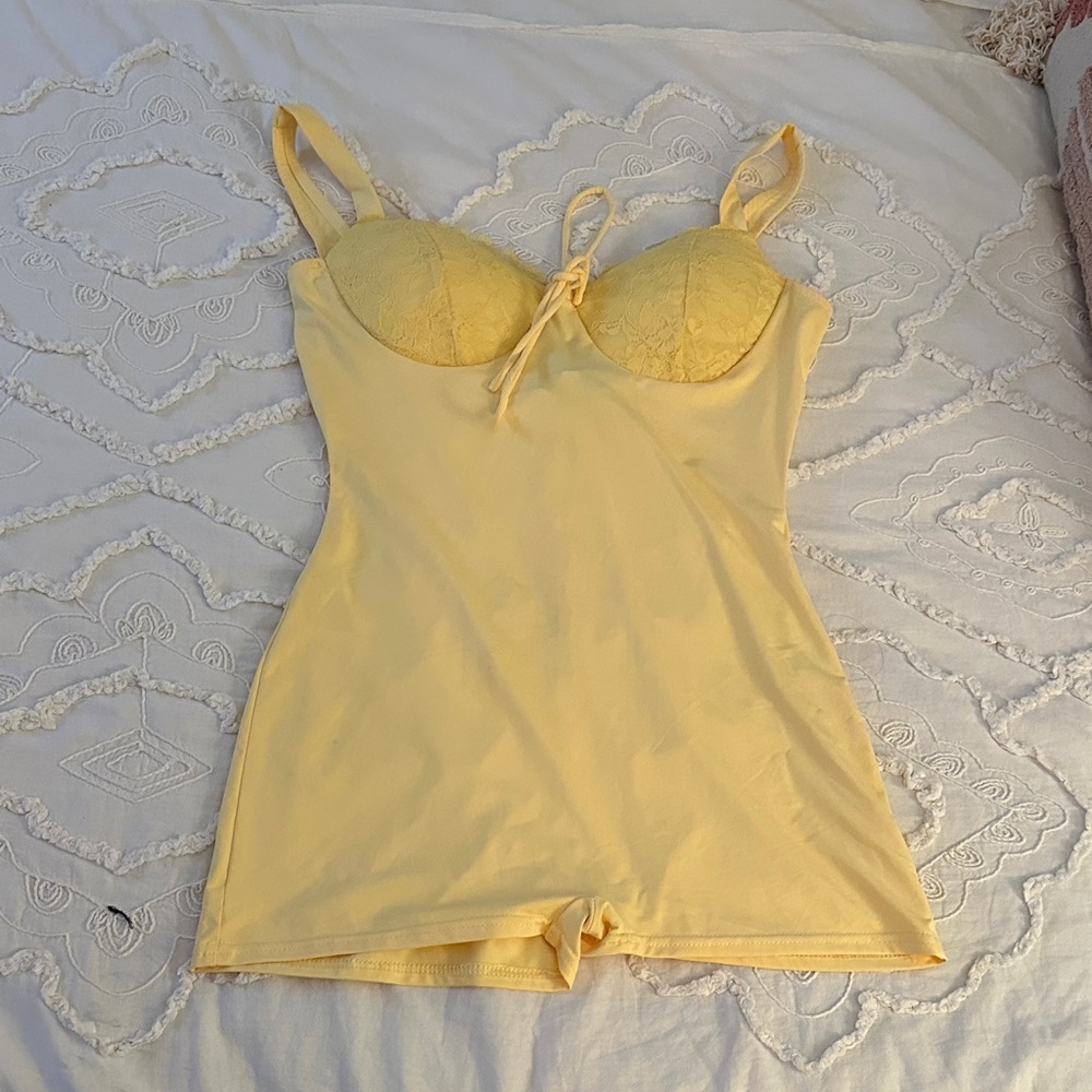 Fashion Nova Yellow Lace-Trim Slip Romper